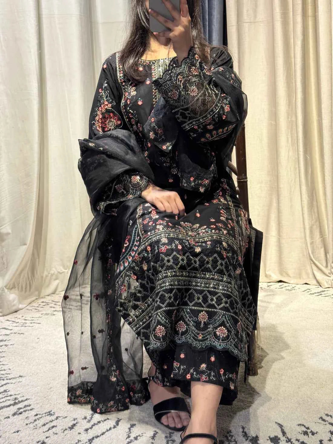 Timeless - 3-Piece Black Embroidered Lawn with Black Elegance