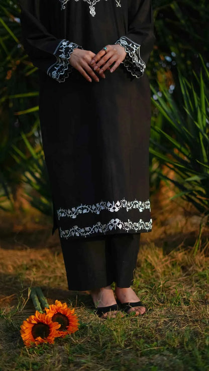 Fahira - 2-Piece Black Lawn with White Embroidered Detailing