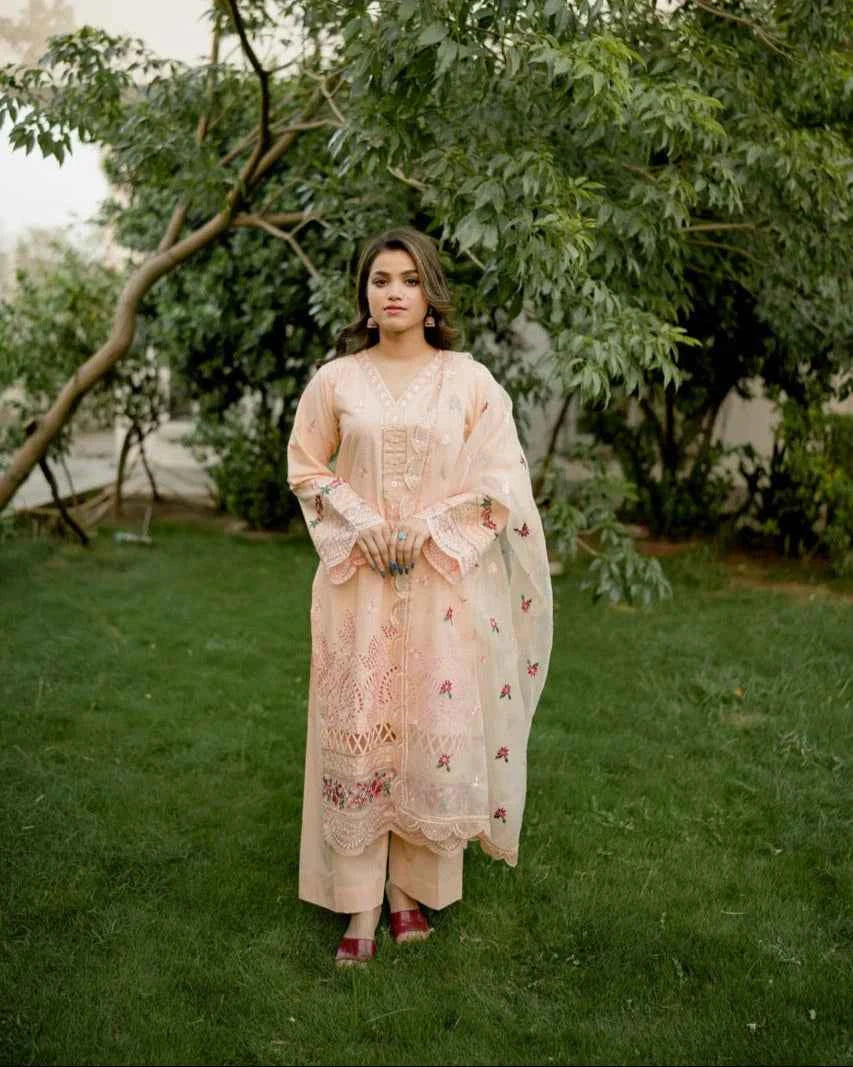 Florin - 3-Piece Cotton Lawn with Embroidered Organza Dupatta