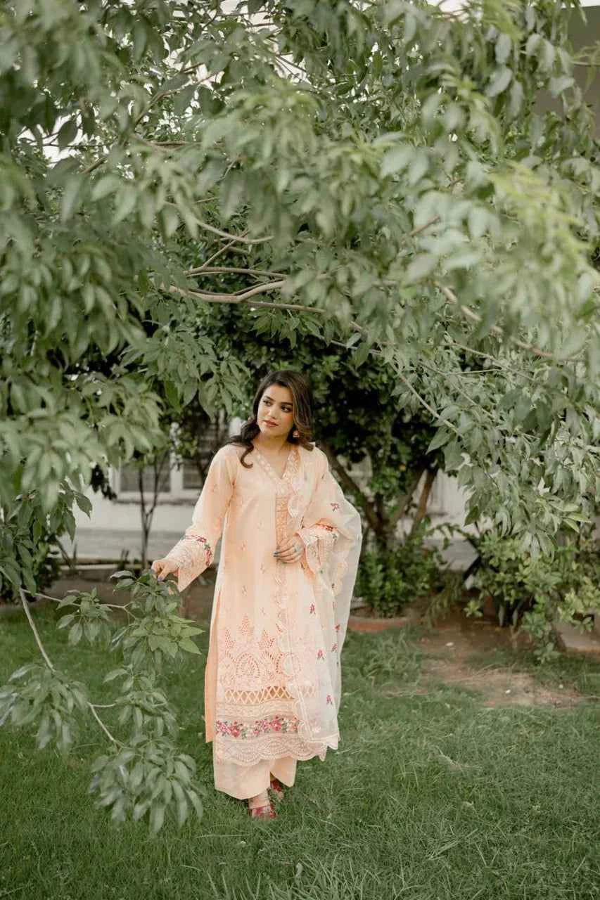 Florin - 3-Piece Cotton Lawn with Embroidered Organza Dupatta