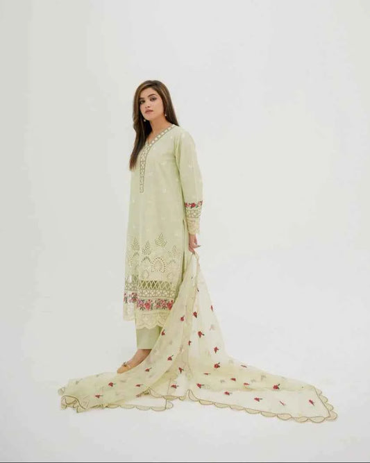 Hania Pistachio - 3-Piece Embroidered Cotton Lawn with Organza Dupatta
