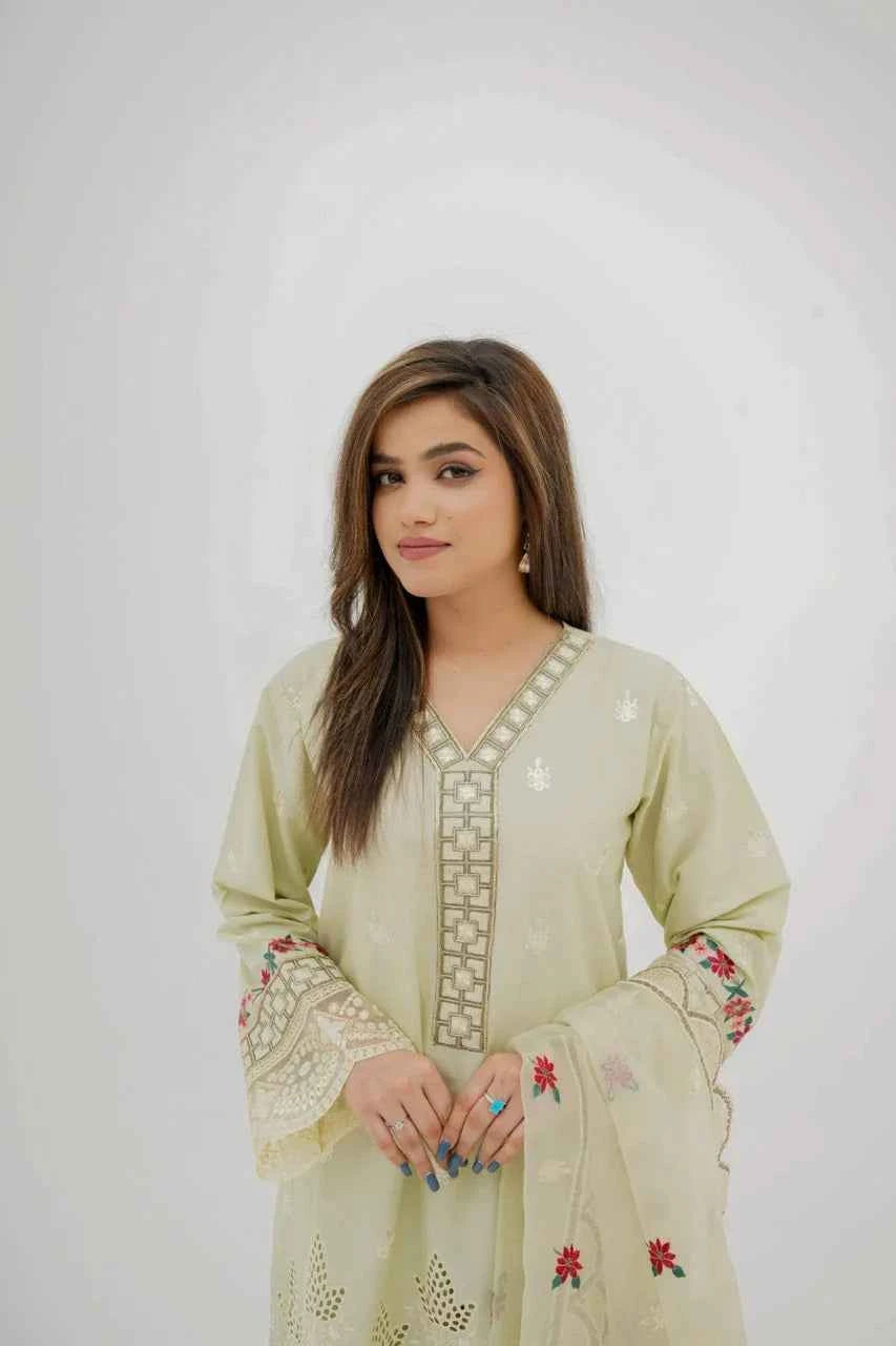 Hania Pistachio - 3-Piece Embroidered Cotton Lawn with Organza Dupatta