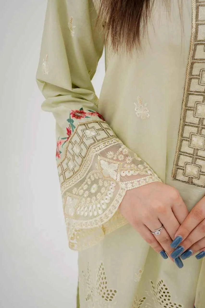 Hania Pistachio - 3-Piece Embroidered Cotton Lawn with Organza Dupatta