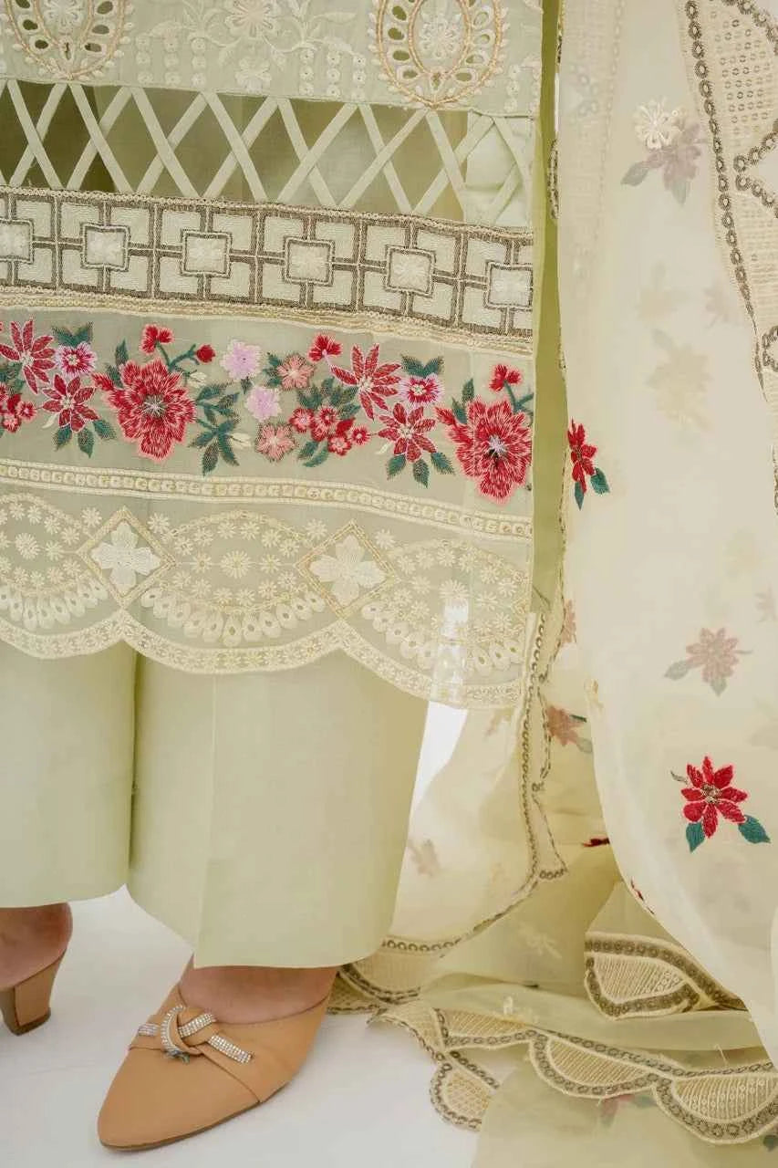 Hania Pistachio - 3-Piece Embroidered Cotton Lawn with Organza Dupatta