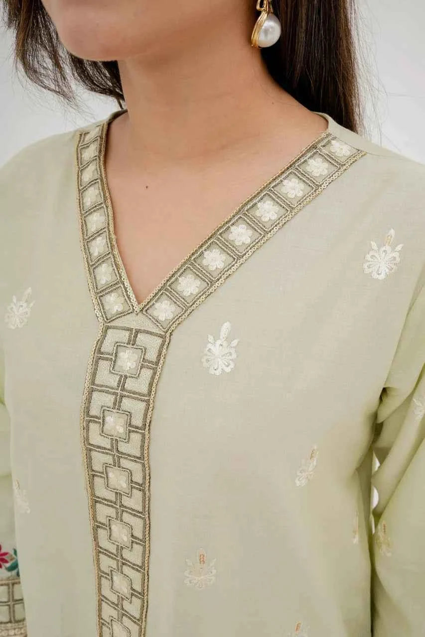 Hania Pistachio - 3-Piece Embroidered Cotton Lawn with Organza Dupatta