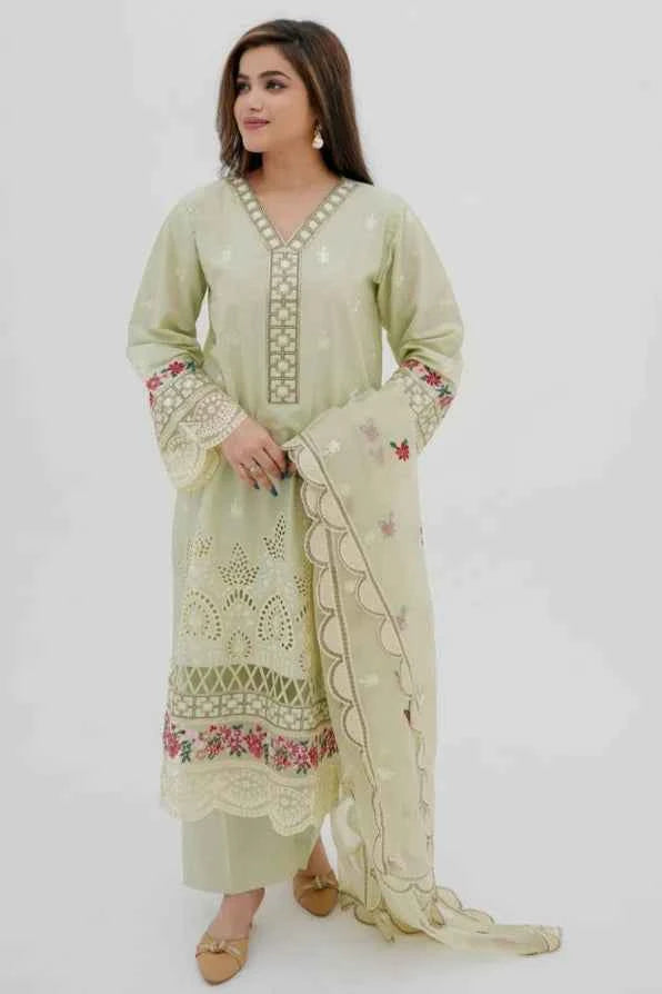 Hania Pistachio - 3-Piece Embroidered Cotton Lawn with Organza Dupatta