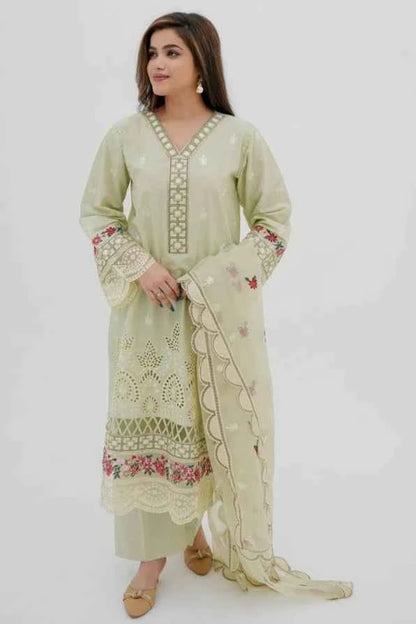 Hania Pistachio - 3-Piece Embroidered Cotton Lawn with Organza Dupatta