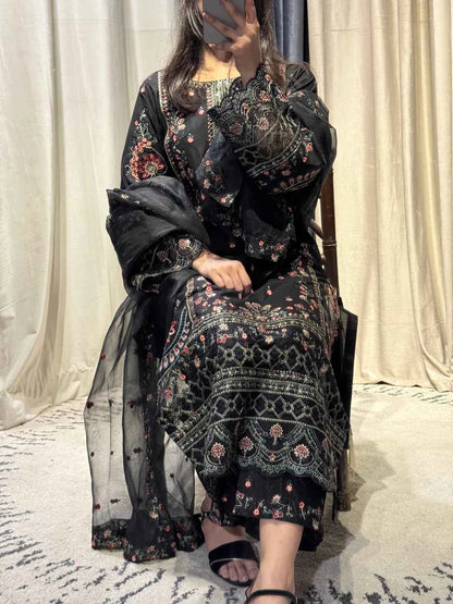 Timeless - 3-Piece Black Embroidered Lawn with Black Elegance
